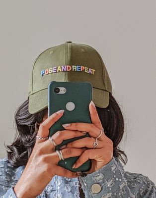 Labelrail x Pose and Repeat cap with rainbow pastel logo in khaki