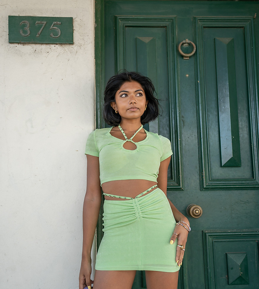 Labelrail x Pose and Repeat crop t-shirt with halter ring detail and jewel embellishment co-ord-Green