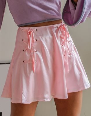 Labelrail x Pose and Repeat flippy mini skirt with hip ties in pink satin - ASOS Price Checker