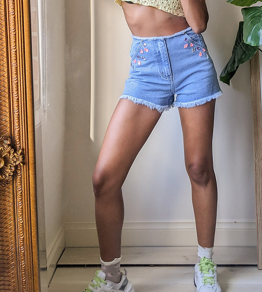 Labelrail x Pose and Repeat frayed hem denim shorts with diamante flower details in light wash-Blue
