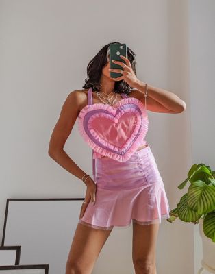 Labelrail x Pose and Repeat halter top with giant ruched ruffle heart in lilac and pink