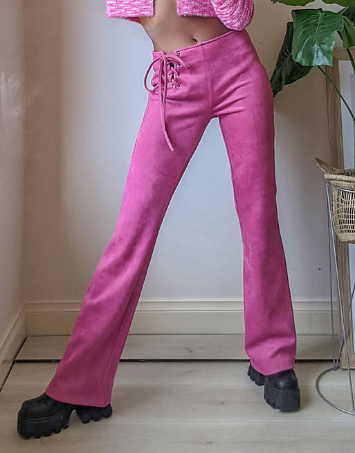 Labelrail x Pose and Repeat hot pink flares in faux suede with tie side detail