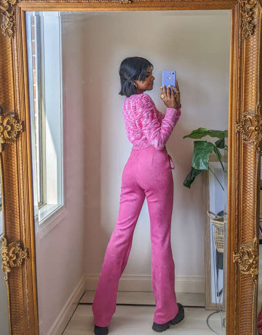Labelrail x Pose and Repeat hot pink flares in faux suede with tie side detail, 2 of 4