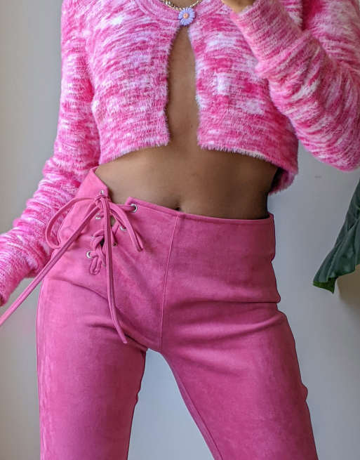Labelrail x Pose and Repeat hot pink flares in faux suede with tie side detail, 3 of 4