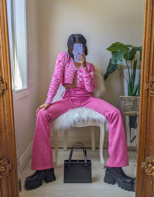 Labelrail x Pose and Repeat hot pink flares in faux suede with tie side detail, 4 of 4