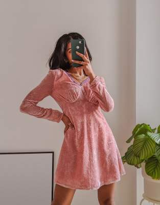 Labelrail X Pose And Repeat Long Sleeve Mini Tea Dress In Pink Burnout Velvet