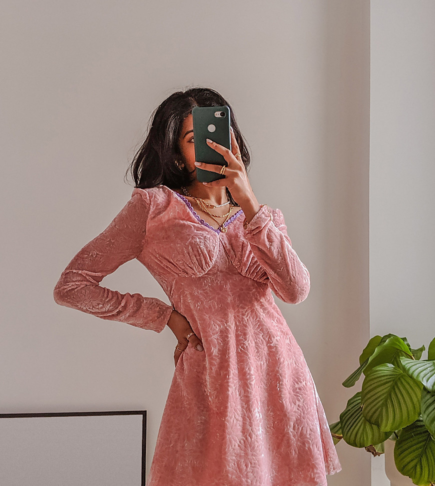 Labelrail X Pose And Repeat Long Sleeve Mini Tea Dress In Pink Burnout Velvet