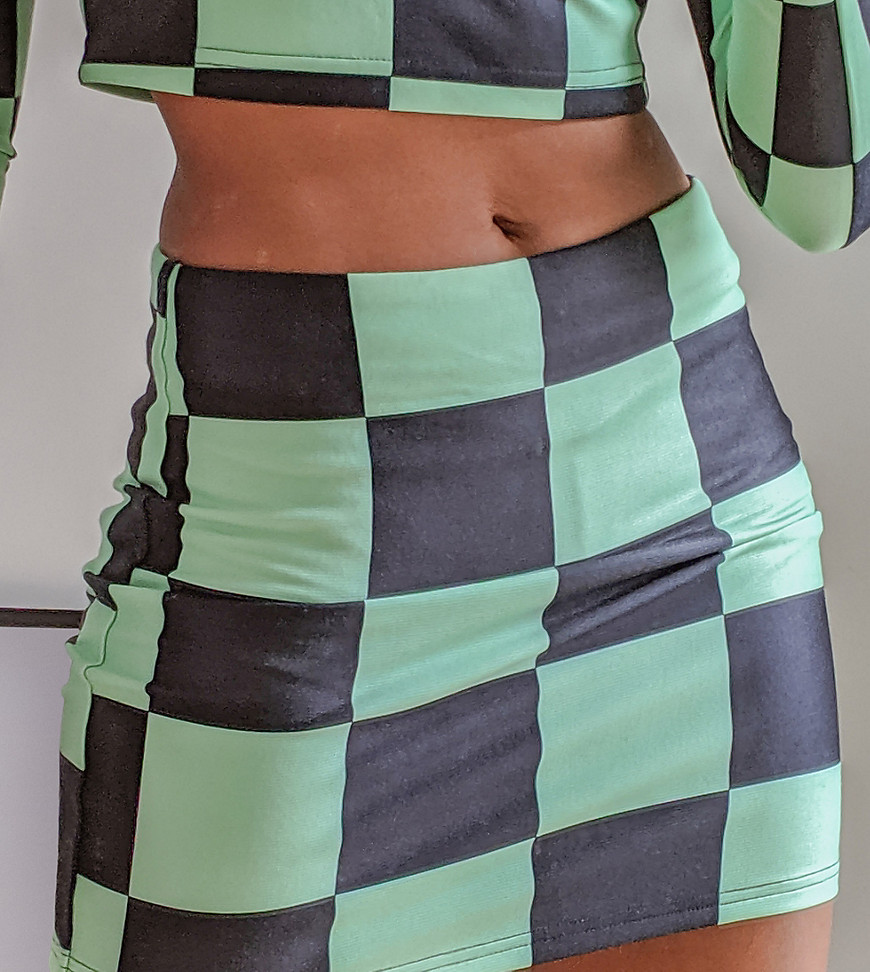 Labelrail x Pose and Repeat micro mini skirt in lime checkerboard co-ord-Multi