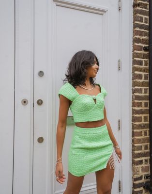 Labelrail x Pose and Repeat mini skirt in green boucle with diamante trim curtain co-ord