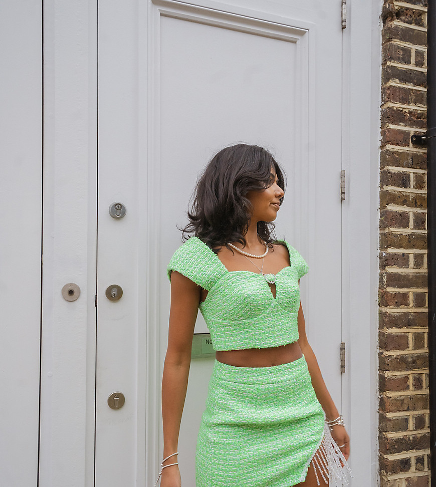 Labelrail x Pose and Repeat mini skirt in green boucle with diamante trim curtain co-ord