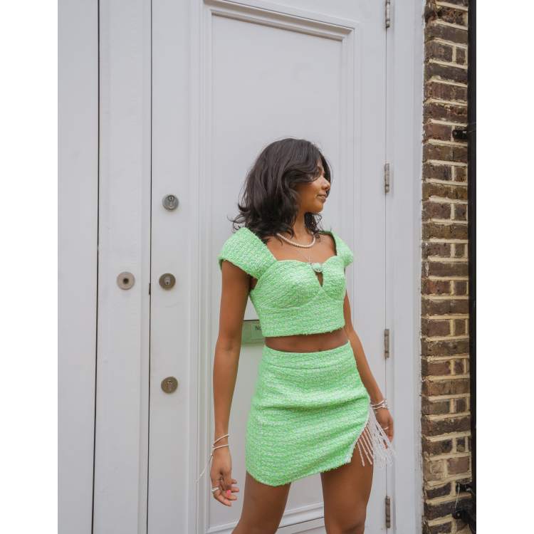 Labelrail x Pose and Repeat mini skirt in green boucle with diamante trim curtain part of a set ASOS