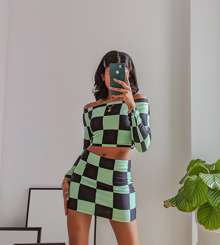 x Pose and Repeat off shoulder crop top in lime checkerboard - part of a set-Multi