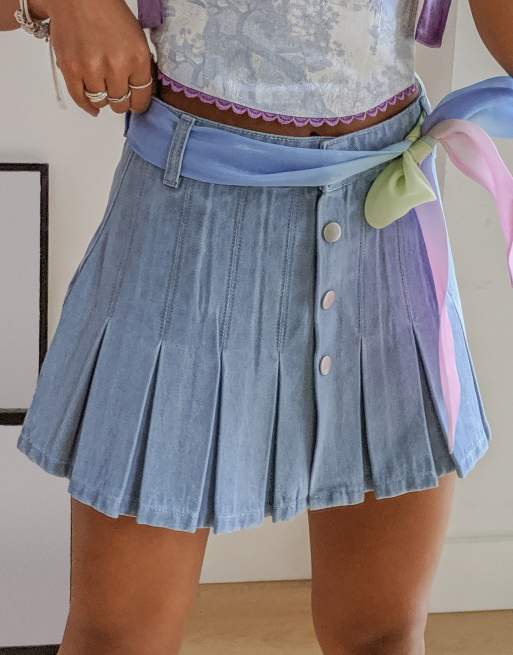 Labelrail x Pose and Repeat pleated mini skirt in washed denim with pastel  organza scarf belt