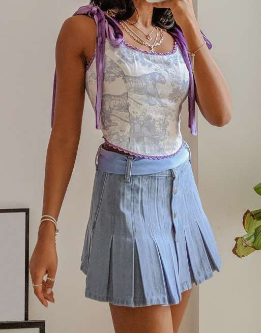 Labelrail x Pose and Repeat pleated mini skirt in washed denim with pastel  organza scarf belt