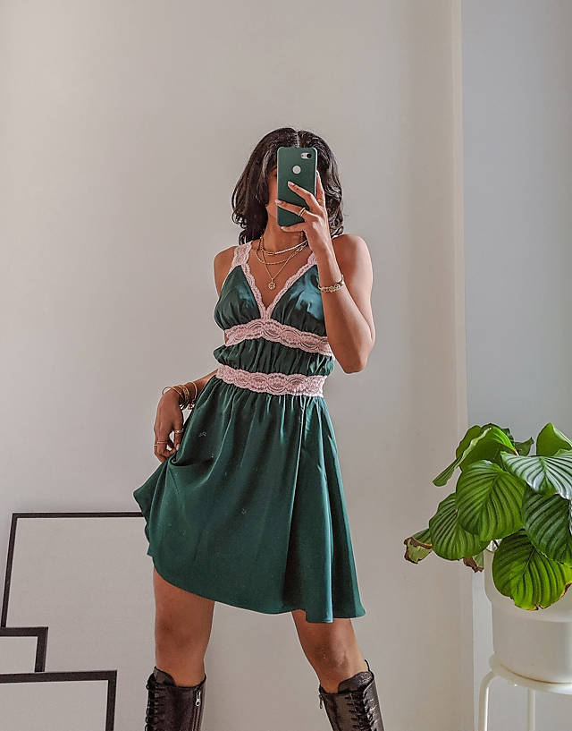 Labelrail x Pose and Repeat satin cami mini dress with contrast lace in green satin GN10789