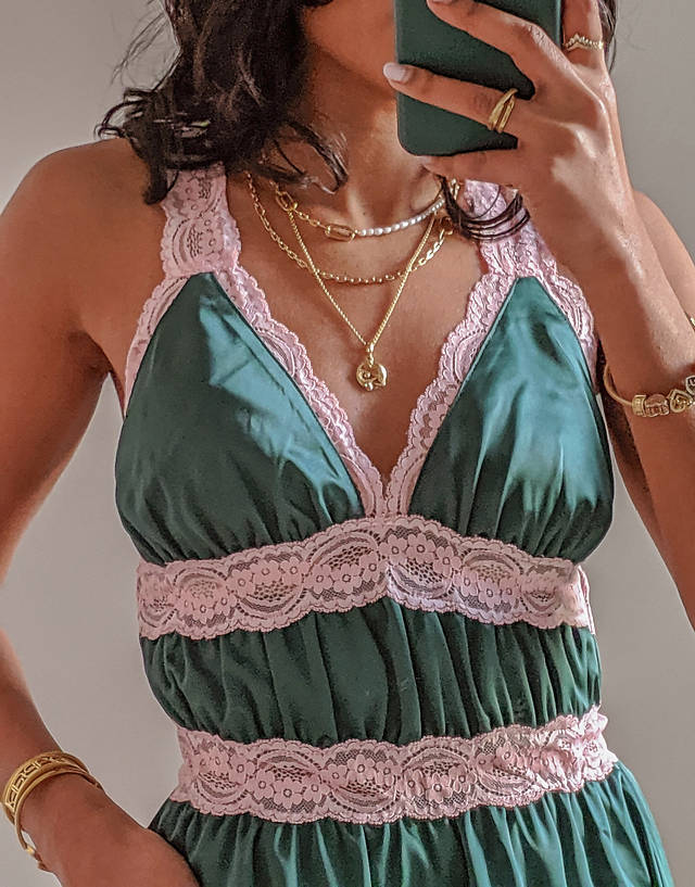 Labelrail x Pose and Repeat satin cami mini dress with contrast lace in green satin GN10789