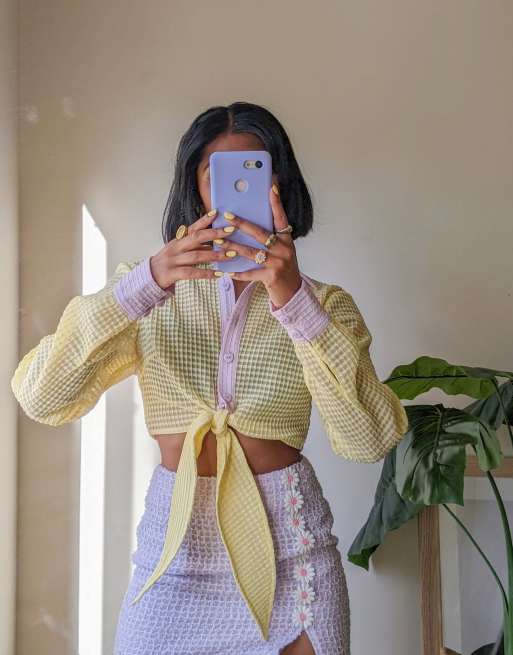 Labelrail x Pose and Repeat tie front shirt with open buckle back in contrast gingham