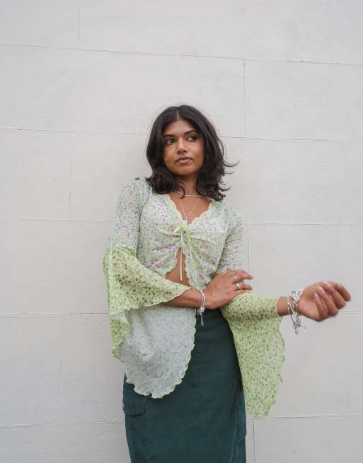 Labelrail x Pose and Repeat tie front top with flare sleeves in multi mix ditsy