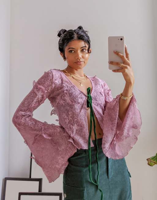 Labelrail x Pose and Repeat - Top met gestrikte voorkant in oudroze met vintage gebreide vlinders