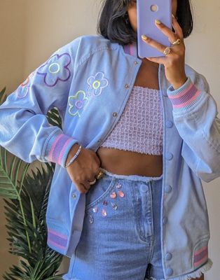 Labelrail x Pose and Repeat varsity bomber jacket in baby cord with cute embroidery