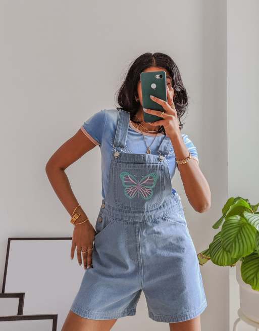 Labelrail x Pose and Repeat vintage fit short dungarees with butterfly  embroidery in blue