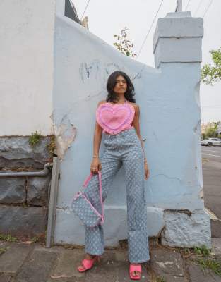 Labelrail x Pose and Repeat - Weit geschnittene Jeans aus glitzerndem Vintage-Denim, Kombiteil-Blau