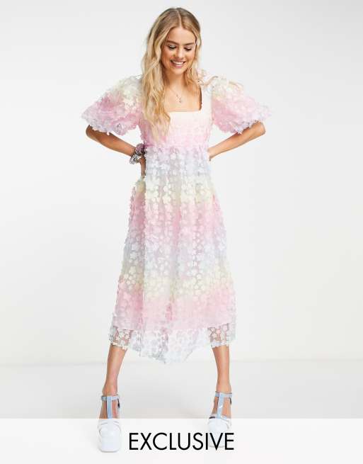 Labelrail x Rachel Burke - Midi-jurk met vierkante hals en 3D bloemen in pastelkleurige multi