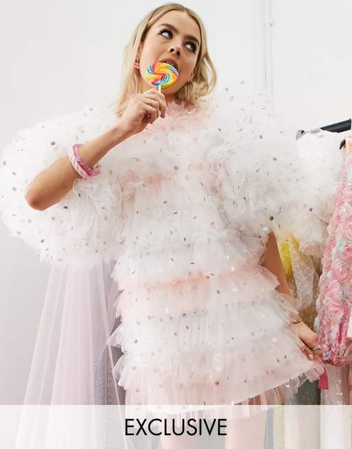 Labelrail x Rachel Burke - Mini-jurk met pofmouwen en stroken van tule met glitter in roze en wit