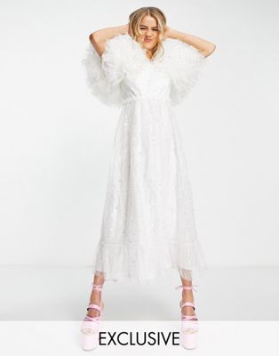Labelrail x Rachel Burke scattered sequin midi wedding dress with tulle puff sleeves in white