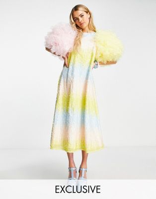 Labelrail x Rachel Burke sequin midi dress with tulle puff sleeves in multi