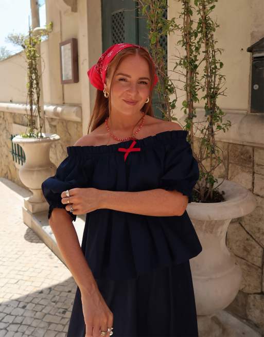 Labelrail x Rebecca Olivia - Blouse met blote schouders in marineblauw, 4 van 4