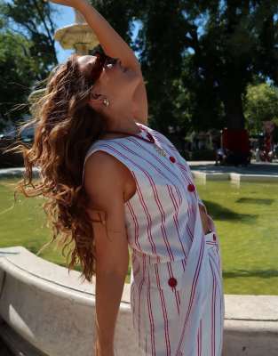 Labelrail Labelrail x Rebecca Olivia button through striped twill waistcoat top co-ord in red and cream