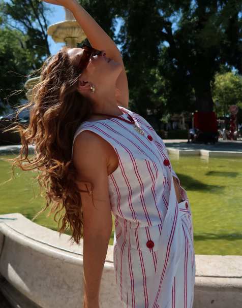 Labelrail x Rebecca Olivia button through striped twill waistcoat top co-ord in red and cream - view 1