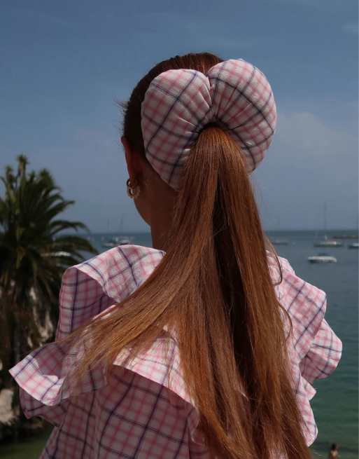Labelrail x Rebecca Olivia check padded heart shape scrunchie in pink