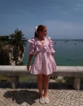 [Labelrail] Labelrail x Rebecca Olivia check print ruffle detail mini dress in pink 8 PINK