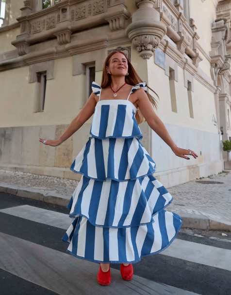 Labelrail x Rebecca Olivia circus stripe tiered midaxi dress in navy and cream - view 1