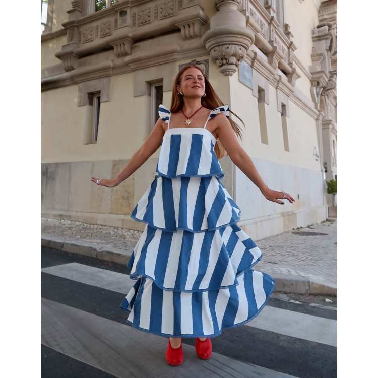 Labelrail x Rebecca Olivia circus stripe tiered midaxi dress in