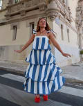 [Labelrail] Labelrail x Rebecca Olivia circus stripe tiered midaxi dress in navy and cream 14 Navy/Cream