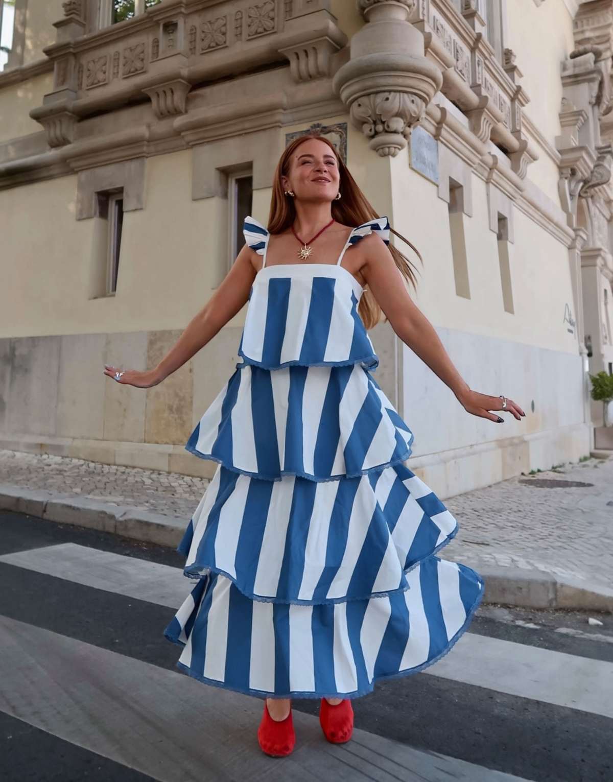 Labelrail x Rebecca Olivia circus stripe tiered midaxi dress in navy and cream