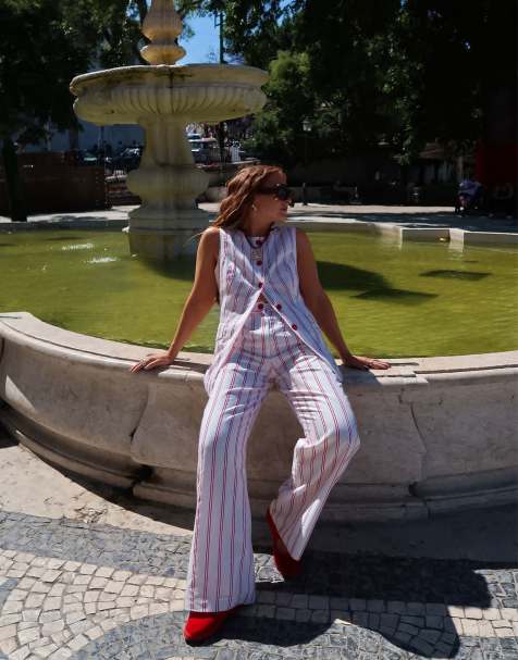 Labelrail x Rebecca Olivia striped straight leg twill trouser co-ord in red and cream