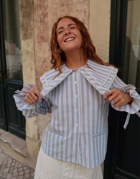 Labelrail x Rebecca Olivia collar detail striped tunic in light blue