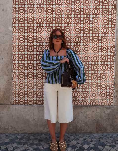 Labelrail x Rebecca Olivia mutton sleeve bold stripe blouse in blue and green - view 1