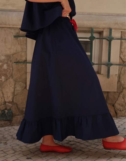 Labelrail x Rebecca Olivia ruffle edge midaxi skirt in navy