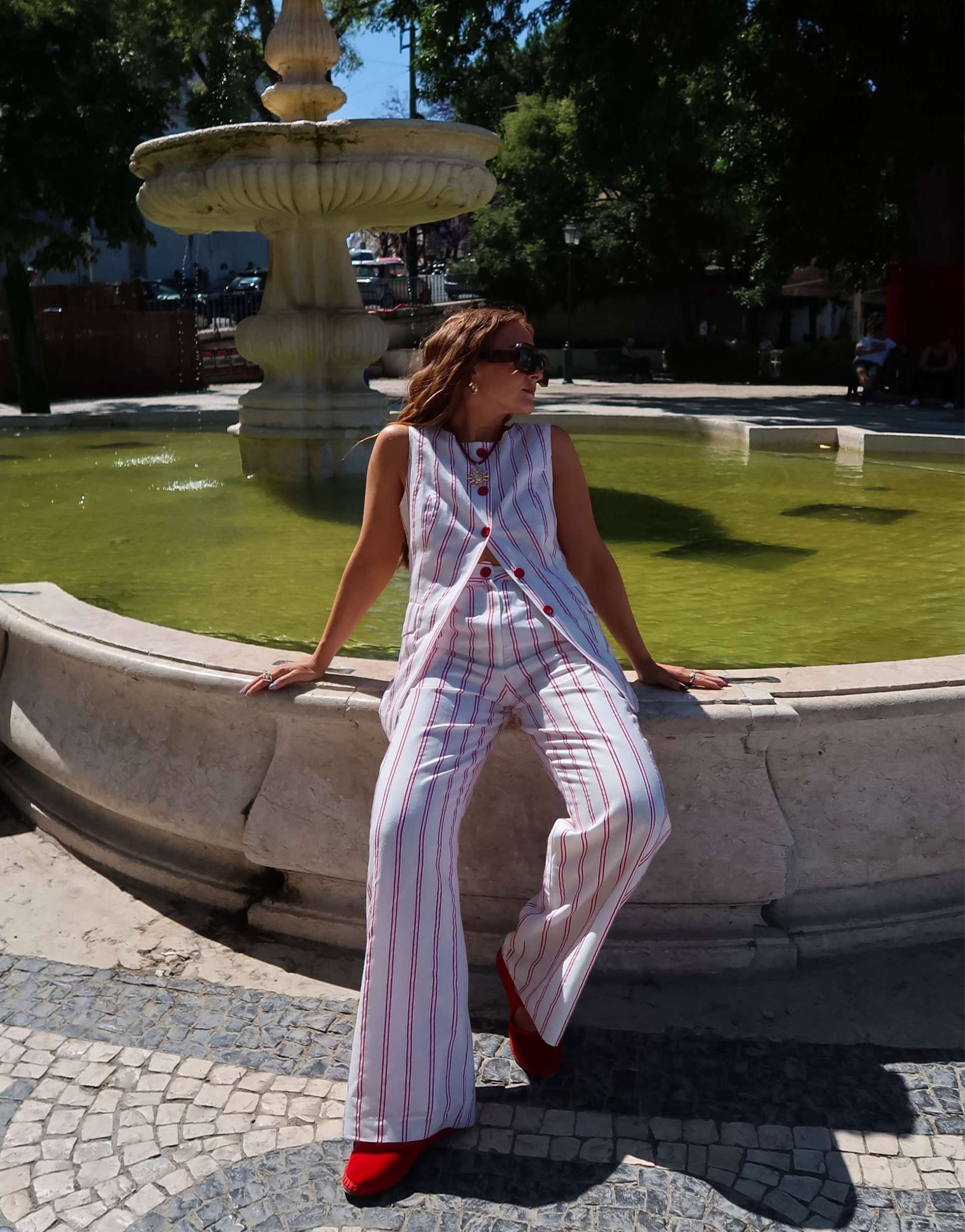 labelrail x rebecca olivia striped straight leg twill pants in red and cream - part of a set