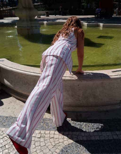 Labelrail x Rebecca Olivia striped straight leg twill pants in red and cream - part of a set