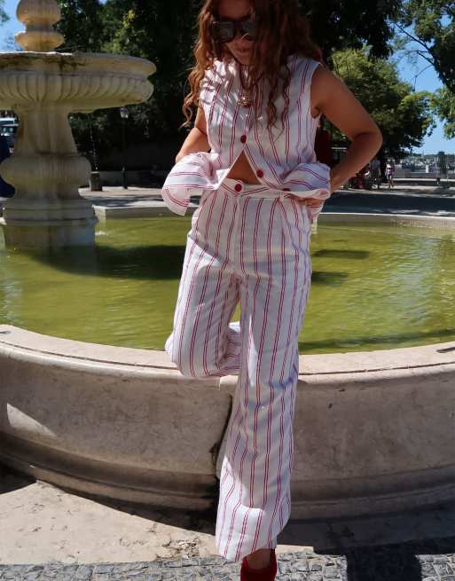 Labelrail x Rebecca Olivia striped straight leg twill pants in red and cream - part of a set