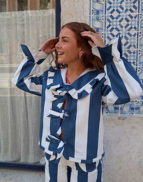 Labelrail x Rebecca Olivia tie-detail circus stripe jacket in navy and cream - view 1