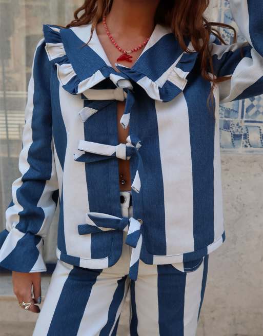 Labelrail x Rebecca Olivia tie-detail circus stripe jacket in navy and cream
