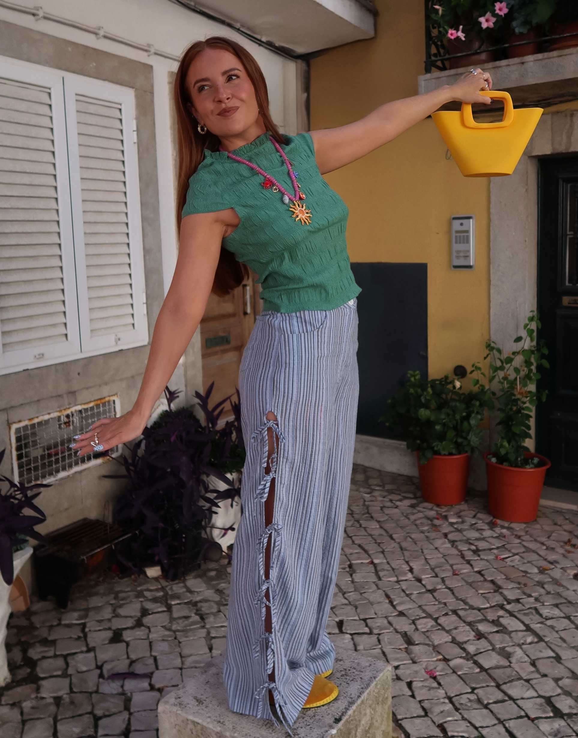 labelrail x rebecca olivia tie-side striped wide leg pants in multi