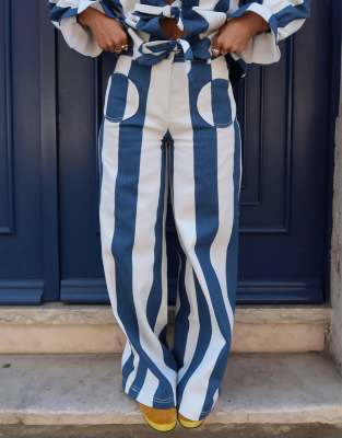 Labelrail X Rebecca Olivia Wide Leg Circus Stripe Pants In Blue
